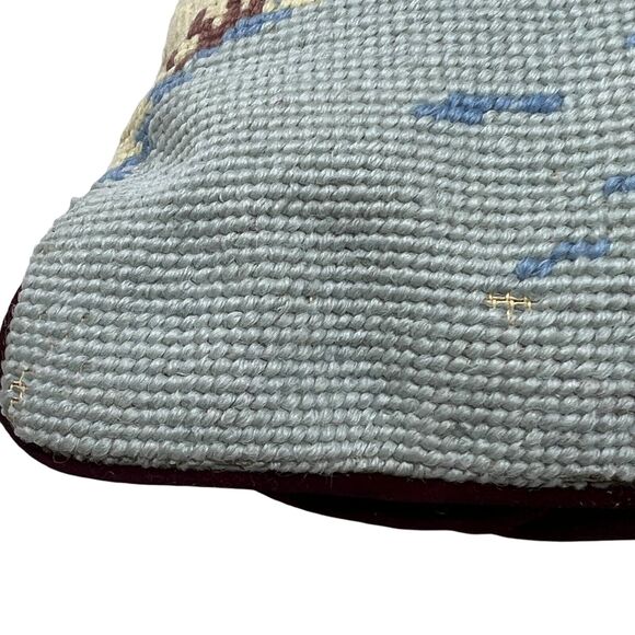 Needlepoint Winter Scene Throw Pillow 2 People Winter Coats Snowy Tree Cabin - Picture 4 of 16